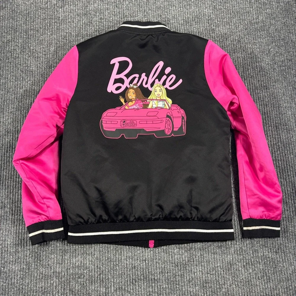 Barbie Bomber Jacket Kids XL (14-16) Black Pink Limited Edition Varsity Zip Up